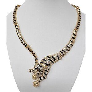 Eye Candy 14k Gold Plated Leopard Crystal Black Enamel Articulated Necklace NWT
